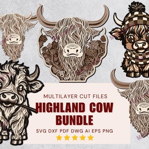 Bundle Vache Highland SVG Vache Highland fichiers découpés au laser pour Glowforge xTool Fichiers DXF d'art mural SVG vache Highland Mandala 3D animaux de la ferme