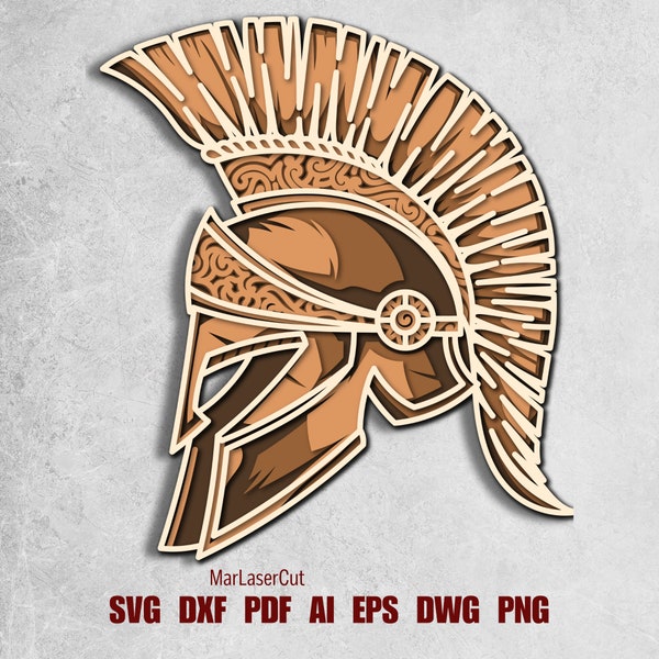 Multilayer Spartan Gladiator Helmet Laser Cut File 3D Layered Spartan Layered Dxf Dwg Cardstock Cutting SVG File Plywood Template Cardstock