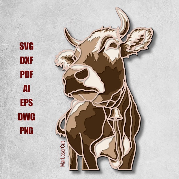 Multilayer Farm Cow Laser Cut File 3D Layered Cow Layered Dxf Dwg Plywood Cutting SVG File 3D Plywood Cow Template CNC router DXF