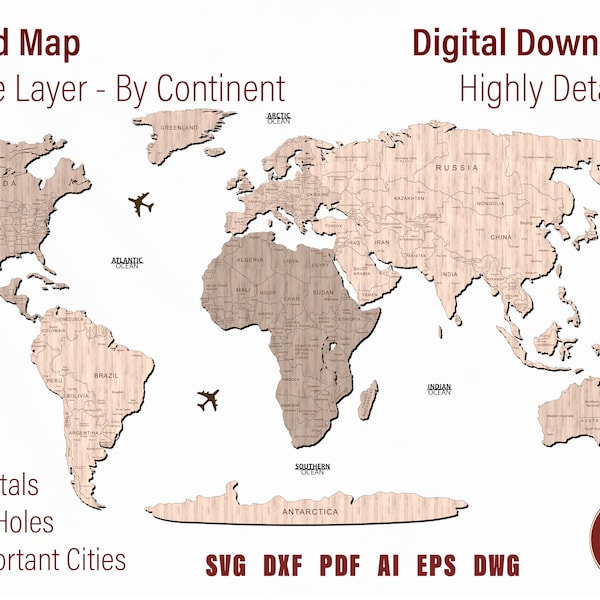 Karte der Welt Laser Cut Datei SVG geschichtete Weltkarte Sofort Download Laser geschnittene Weltkarte Mandala Laser geschnittene Welt Vorlage Laser DXF