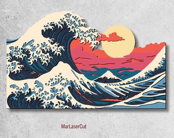 May include: A digital illustration of a large wave crashing against a mountain with a red and yellow sunset in the background. The image is in a layered style, with the wave and mountain appearing to be cut out of paper.