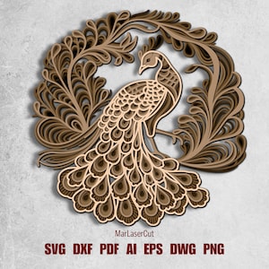 Layered Peacock Laser Cut File 3D Multilayer Peacock Dxf Dwg Plywood Cutting SVG File 3D Plywood Peacock Template Laser DXF