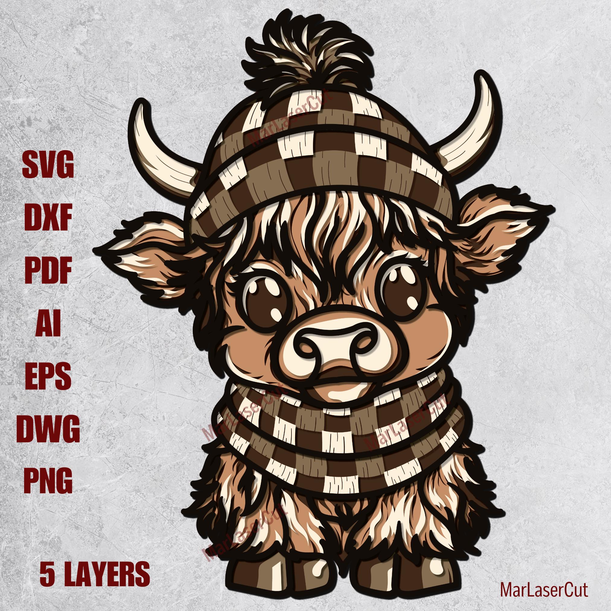 Multilayer Highland Cow Laser Cut File Highland Cow SVG Layered Svg Files  Dxf Lasercut Highland SVG File 3D Plywood Cow Cnc Router File DXF, image size:2025x2025