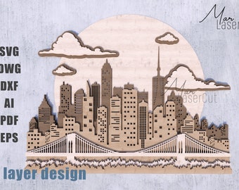 Stadt Skyline Laser Cut 3D Datei SVG Sofort Download Vektor Muster Design Glowforge Silhouette Cricut Boho Home Wand Dekor DIY | CO2