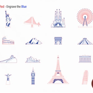 May include: A digital illustration of famous landmarks around the world. The landmarks are outlined in red and blue. The text "Cut the Red - Engrave the Blue" is at the top of the image.