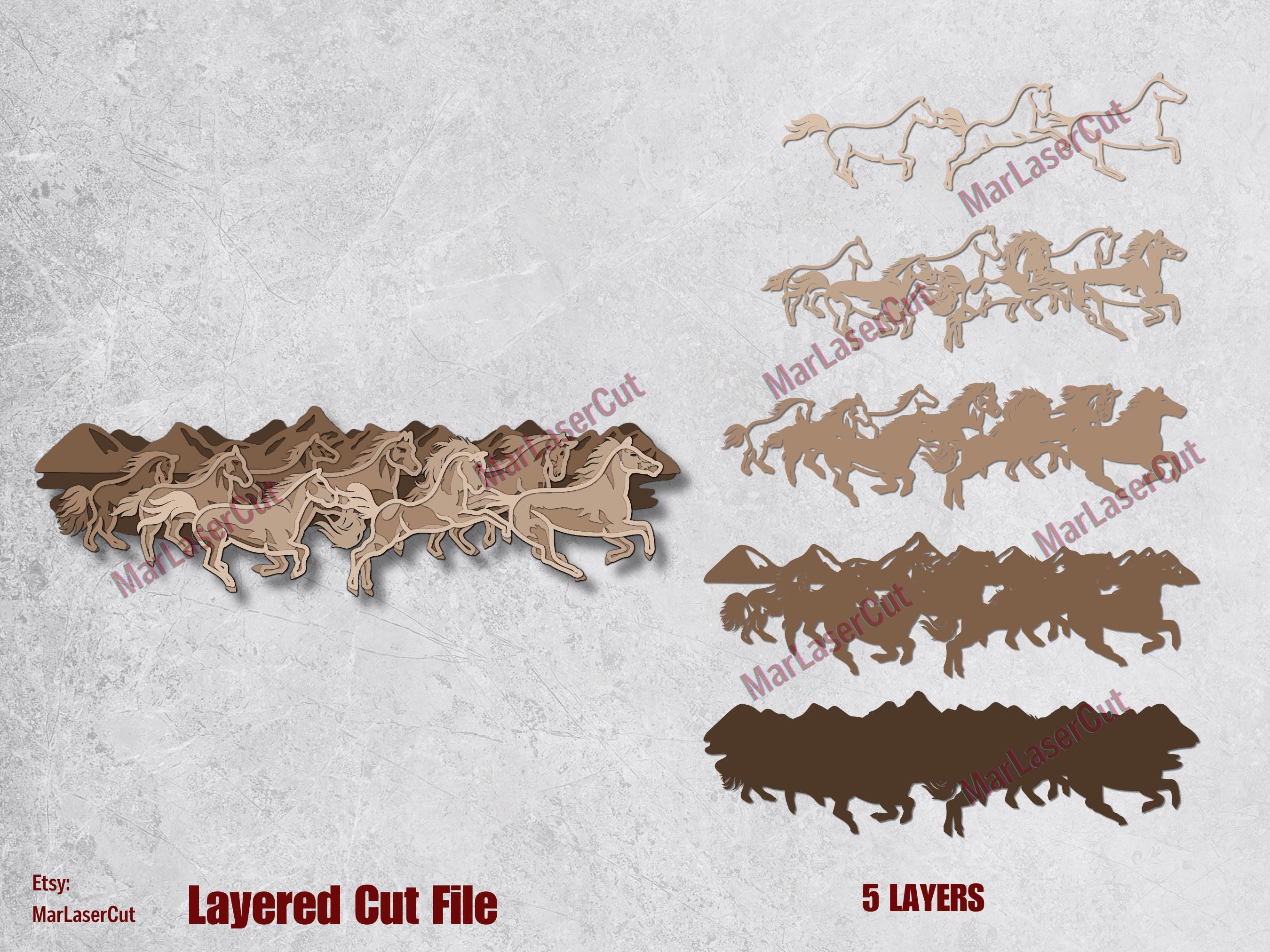 Multilayer Horse Herd Laser Cut File 3D Horses Mandala Layered Dxf Dwg Plywood Cutting SVG File 3D Plywood Mandala Horse Template CNC DXF