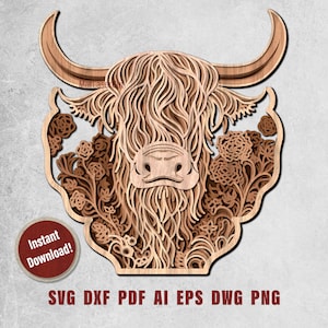 Meerlaagse hooglandkoe lasergesneden bestand gelaagde hooglander SVG dxf lasergesneden SVG-bestand multiplex koe gelaagde Svg-bestand cnc router DXF laser koe