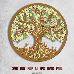 Arbre de vie en couches SVG Fichier de coupe Svg arbre de vie 3D Arbre de vie Mandala SVG fichiers découpés au laser multicouches pour découpe de papier fête des mères AI