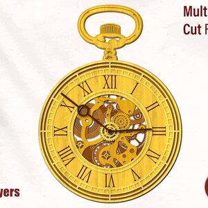 May include: A gold-colored, multi-layered, wooden clock face with Roman numerals and intricate gears. The clock is in the shape of a pocket watch with a chain attached to the top.