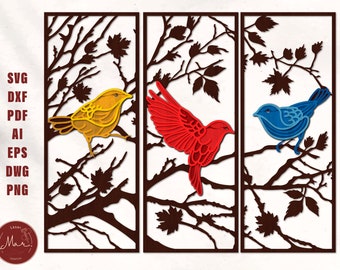 May include: Three-panel wall art featuring laser-cut birds in yellow, red, and blue, perched on branches with leaves. The artwork includes the text "SVG, DXF, PDF, AI, EPS, DWG, PNG" and a logo.