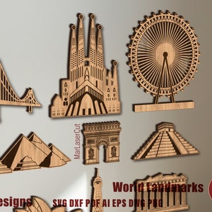 May include: A set of 15 laser cut wood designs of famous world landmarks. The designs include the Golden Gate Bridge, Sagrada Familia, the London Eye, the Eiffel Tower, the Great Pyramid of Giza, and the Chichen Itza pyramid. The designs are perfect for creating unique home decor or gifts.