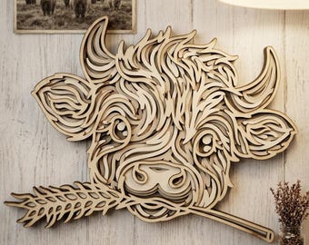 Archivo de corte láser de vaca de las Highlands, archivos SVG de vaca de las Highlands multicapa, archivos SVG en capas DXF, archivo SVG de Highland Cricut, archivo DXF de casa de granja de vacas de madera contrachapada 3D