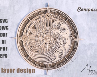 Digital File 4 layer Laser cut file DXF SVG Multi-layer files Nautical Compass CNC plan Instant Download Pdf Glowforge 3D mandala plywood