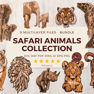 Multilayer Safari Laser Cut File Gelaagde Laser Cut SVG Gelaagde Leeuw Gelaagde DXF-bestandsbundel laser CNC Gelaagde Tiger File Laser Cut Elephant