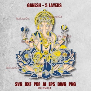 Può includere: Un design di papercraft a cinque strati che rappresenta la divinità indù Ganesha, seduto su un fiore di loto. Il design è in tonalità di giallo, blu e bianco, e include dettagli intricati come la proboscide, le orecchie e i gioielli di Ganesha. L'immagine include il testo "GANESH - 5 LAYERS" nella parte superiore e "SVG DXF PDF AI EPS DWG PNG" nella parte inferiore.