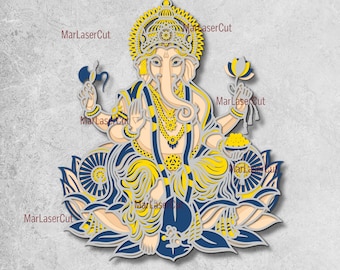Puede incluir: Un diseño de papelcraft de cinco capas que representa a la deidad hindú Ganesha, sentado sobre una flor de loto. El diseño está en tonos de amarillo, azul y blanco, e incluye detalles intrincados como la trompa, las orejas y las joyas de Ganesha. La imagen incluye el texto "GANESH - 5 LAYERS" en la parte superior y "SVG DXF PDF AI EPS DWG PNG" en la parte inferior.
