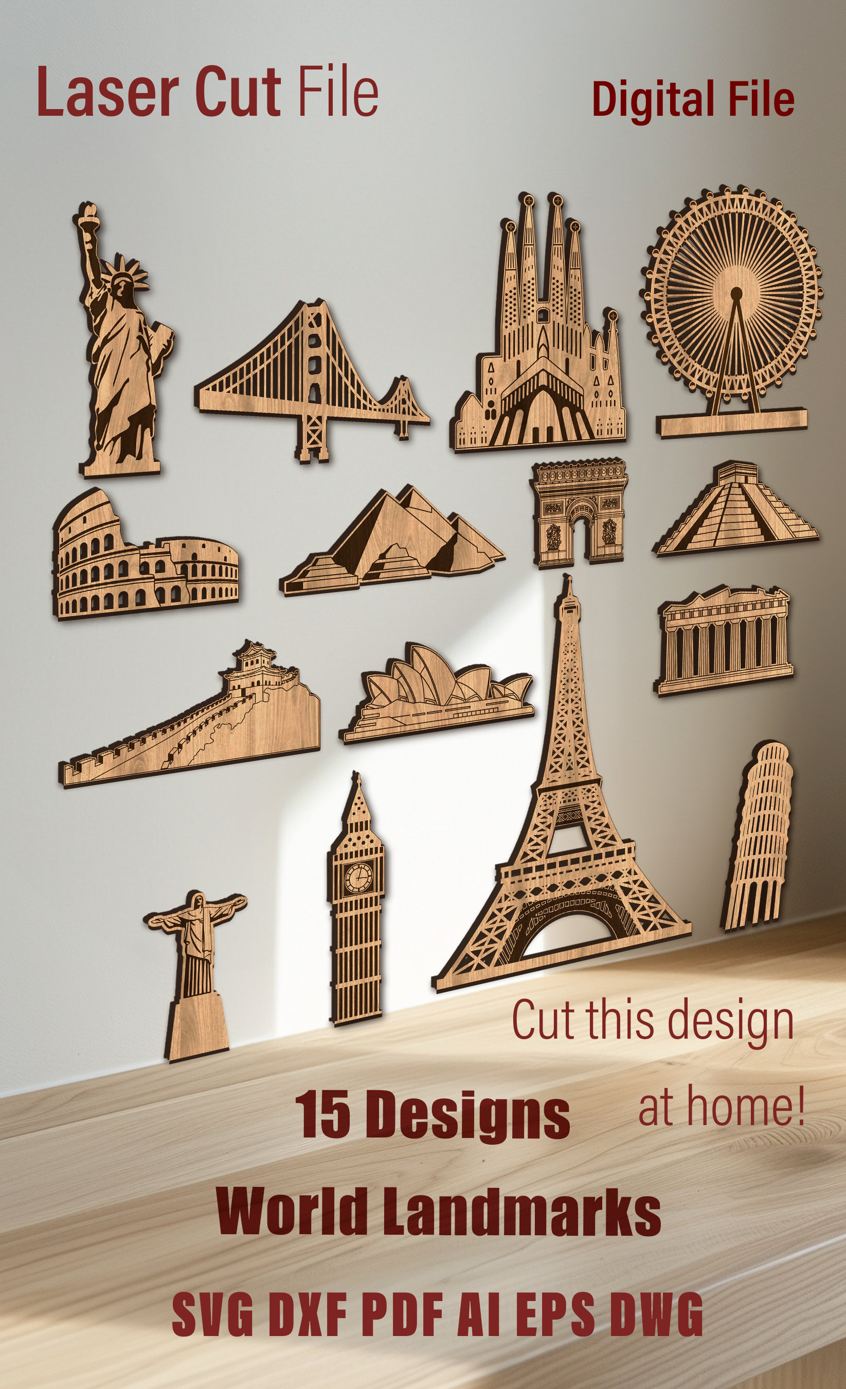 Multilayer Individual World Landmarks Laser Cut File 3D Layered