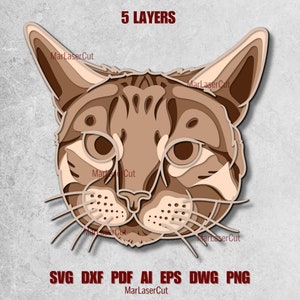 Fichier de coupe SVG chat multicouche, découpe de papier laser, découpe de contreplaqué de chat, art mural, conception de couches 3D découpée au laser