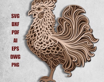Multilayer Rooster - Chicken Laser Cut File 3D Layered Rooster Layered Dxf Dwg Cardstock Cutting SVG File 3D Plywood Template CNC Papercraft