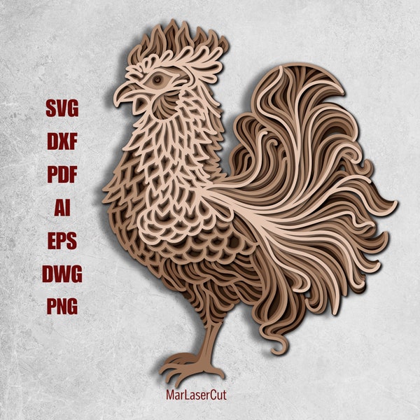 Multilayer Rooster - Chicken Laser Cut File 3D Layered Rooster Layered Dxf Dwg Cardstock Cutting SVG File 3D Plywood Template CNC Papercraft