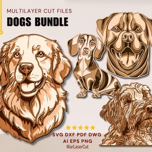 May include: A Dogs Bundle of multilayer cut files featuring detailed portraits of a Golden Retriever, Dachshund, Rottweiler, and a Labradoodle. The image includes the text "DOGS BUNDLE" and file type information.