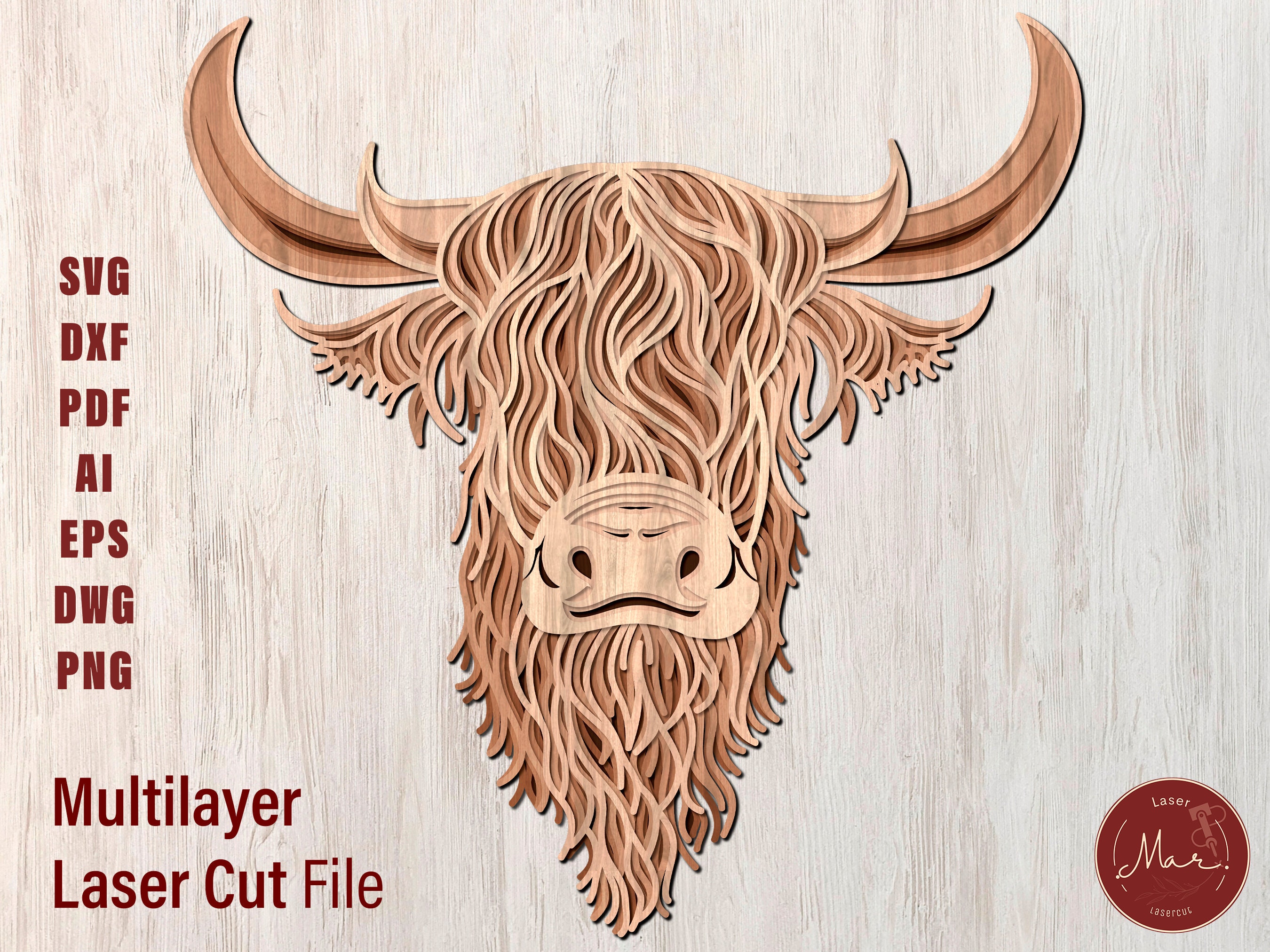 Multilayer Highland Cow Laser Cut File 3D Layered Cow Layered Dxf
