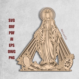 Archivo de corte láser multicapa de Nuestra Señora de los Milagros, Virgen en capas 3D, DXF, DWG, religioso, archivo SVG cortado con láser, plantilla de madera contrachapada, cartulina SVG