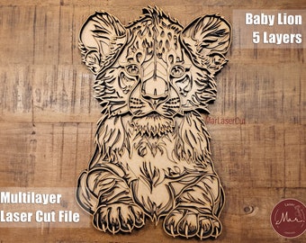 Meerlaagse Baby Lion Cub Laser Cut File 3D Gelaagde Lion Gelaagde Dxf Dwg Multiplex Snijden SVG Bestand 3D Multiplex Lion Kwekerij Sjabloon CNC-router