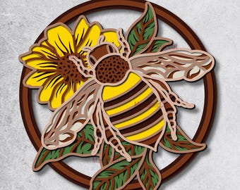 Bee Sunflower Laser Cut 3D File Multilayer Bee SVG Instant Download Vector Pattern Design Glowforge Cricut Boho AI Wall Art Decor Flower DXF