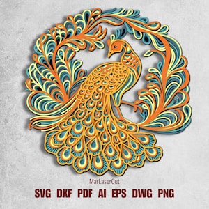 Multilayer Pfau Laser Cut Datei 3D Layered Peacock Dxf Dwg Sperrholz Schneiden SVG-Datei 3D Sperrholz Pfau Vorlage CNC-Fräser DXF