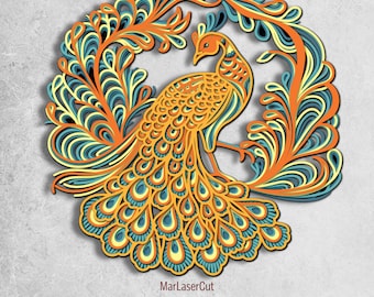 Multilayer Peacock Laser Cut File 3D Layered Peacock Layered Dxf Dwg Plywood Cutting SVG File 3D Plywood Peacock Template CNC router DXF