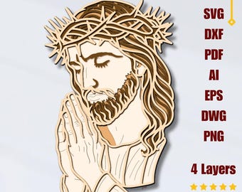 Può includere: Un'opera d'arte in legno a strati raffigurante una figura in preghiera con una corona di spine. Il design include il testo "MULTILAYER LASER CUT FILE" e le opzioni di tipo di file: SVG, DXF, PDF, AI, EPS, DWG e PNG. Il pezzo ha 4 strati.