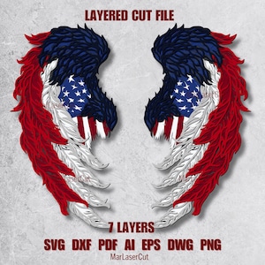 Ailes américaines multicouches découpées au laser fichier 3D ailes Svg en couches 4 juillet Design USA maison décoration murale EEUU ange Svg 3D de l'indépendance patriotique