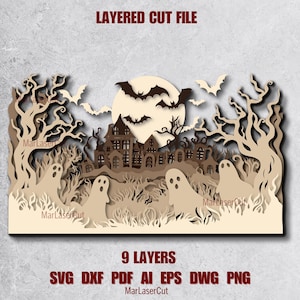 Peut inclure: Un fichier de découpe en couches représentant une scène d'Halloween effrayante avec une maison hantée, des chauves-souris, des fantômes et des arbres. Le design est disponible aux formats SVG, DXF, PDF, AI, EPS, DWG et PNG.