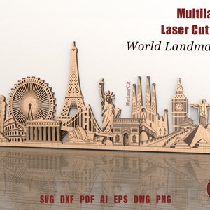 File di taglio laser di monumenti mondiali multistrato, file SVG DXF di monumenti mondiali a strati 3D, file SVG di taglio del compensato, modello di architettura in compensato 3D, mappa