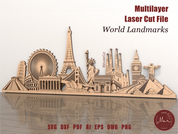 Multilayer World Landmarks Laser Cut File 3D Layered World Monuments SVG  Dxf Plywood Cutting SVG File 3D Plywood Architecture Template Map