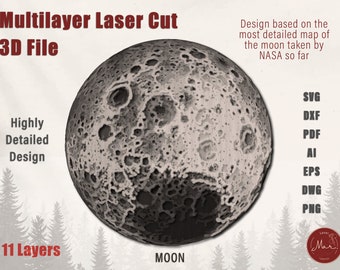 May include: A detailed, 11-layer laser cut 3D file of the moon, based on the most detailed map taken by NASA. The image shows a close-up of the moon's surface, with craters and other features visible. The file is available in SVG, DXF, PDF, AI, EPS, DWG, and PNG formats.