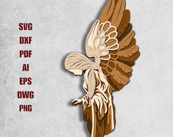 May include: A digital file for laser cutting a wooden angel with wings. The angel is in a kneeling position with its head bowed. The wings are large and detailed, with a layered design.