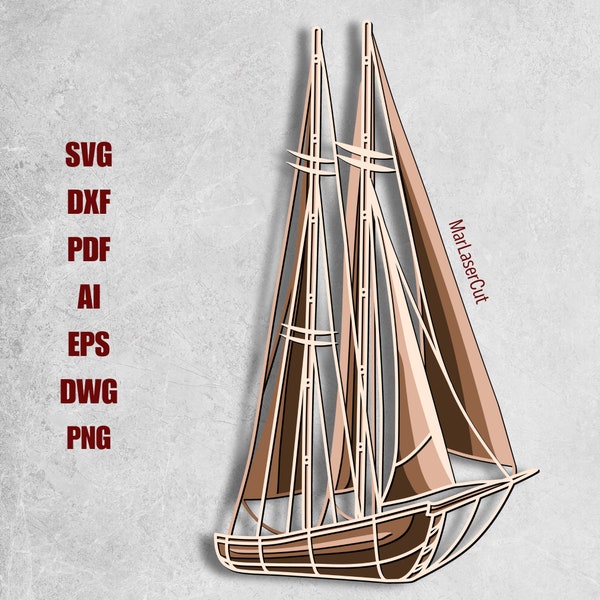 Segelboot Laser geschnitten 3D-Datei SVG mehrschichtige Segelboot Laser geschnitten Datei Instant Download Vektor Muster Laser geschnitten Wandkunst DXF Dekor SVG