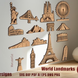 Archivo de corte láser de monumentos mundiales individuales en capas múltiples Archivo SVG de monumentos mundiales en capas 3D Archivo SVG de corte de madera contrachapada Plantilla de arquitectura 3D