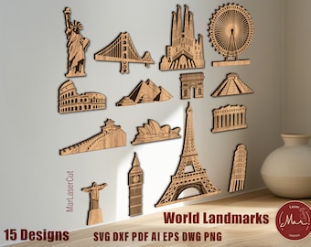 May include: A set of 15 laser cut wood designs featuring famous world landmarks. The designs include the Eiffel Tower, the Statue of Liberty, the Great Wall of China, the Colosseum, and more. The designs are perfect for creating unique home decor or gifts.