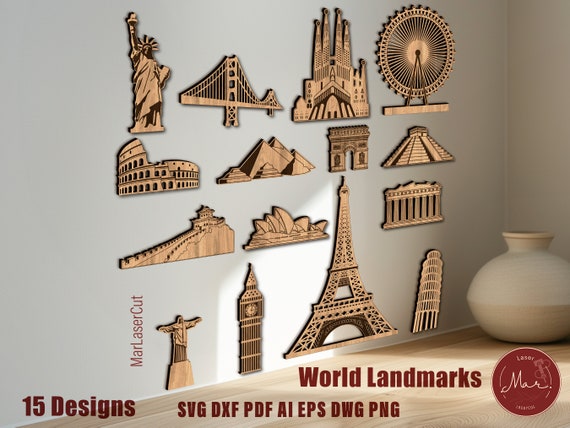 Multilayer Individual World Landmarks Laser Cut File 3D Layered World Monuments SVG  Dxf Plywood Cutting SVG File 3D Architecture Template