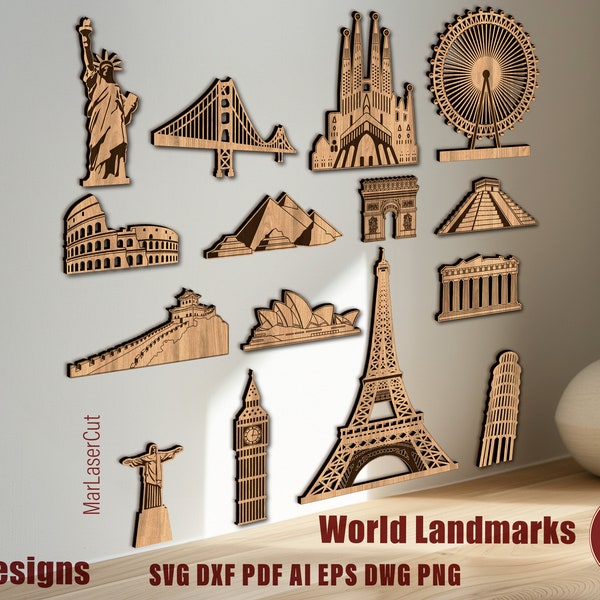 Multilayer Individual World Landmarks Laser Cut File 3D Layered World Monuments SVG  Dxf Plywood Cutting SVG File 3D Architecture Template