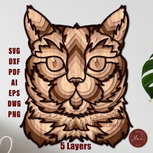 Fichier de découpe laser chat multicouche 3D Mandala chat en couches Dxf Dwg contreplaqué coupe SVG fichier 3D contreplaqué Mandala chat modèle CNC routeur DXF