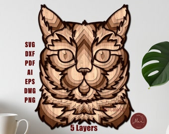 Multilayer Cat Laser Cut File 3D Cat Mandala Layered Dxf Dwg Plywood Cutting SVG File 3D Plywood Mandala Cat Template CNC router DXF