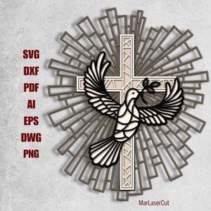 Sainte Colombe en couches avec croix découpée au laser fichier 3D multicouche croix contreplaqué en couches coupe Dxf Dwg religieux découpé au laser modèle fichier SVG colombe