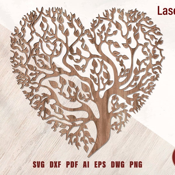 Tree Of Life Heart Laser Cut File 3D Heart Tree Layered Dxf Dwg Plywood Cutting SVG File 3D Plywood Heart Tree Template CNC router DXF
