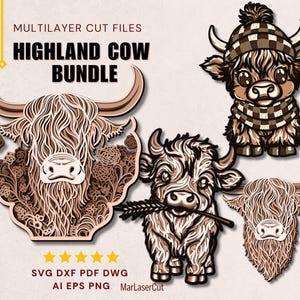 Highland Cow SVG Bundle Highland Cow Laser Cut Files for Glowforge xTool 3D Layered Highland Cow Mandala SVG Farm Animal Wall Art DXF files