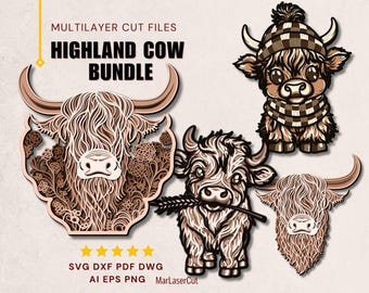 Highland Cow SVG Bundle Highland Cow Laser Cut Files for Glowforge xTool 3D Layered Highland Cow Mandala SVG Farm Animal Wall Art DXF files