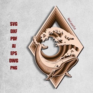 Multilayer Whale Art Laser Cut File 3D Layered Whale Layered Dxf Dwg Plywood Cutting SVG File 3D Plywood Whale Template CNC router DXF